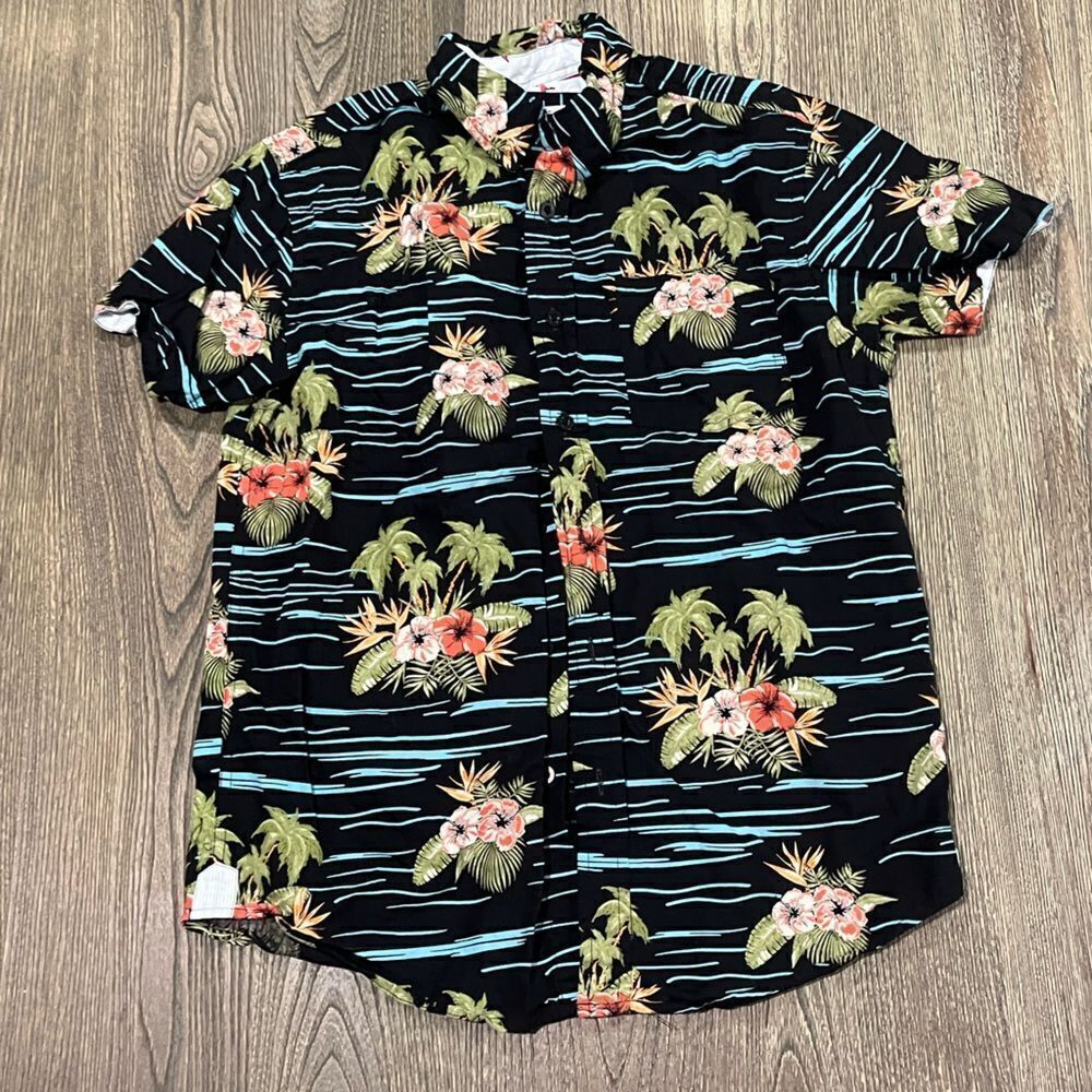 Eight Avenue Mens Short Sleeve Hawaiian Shirt Button Up Topical Black Size Small
